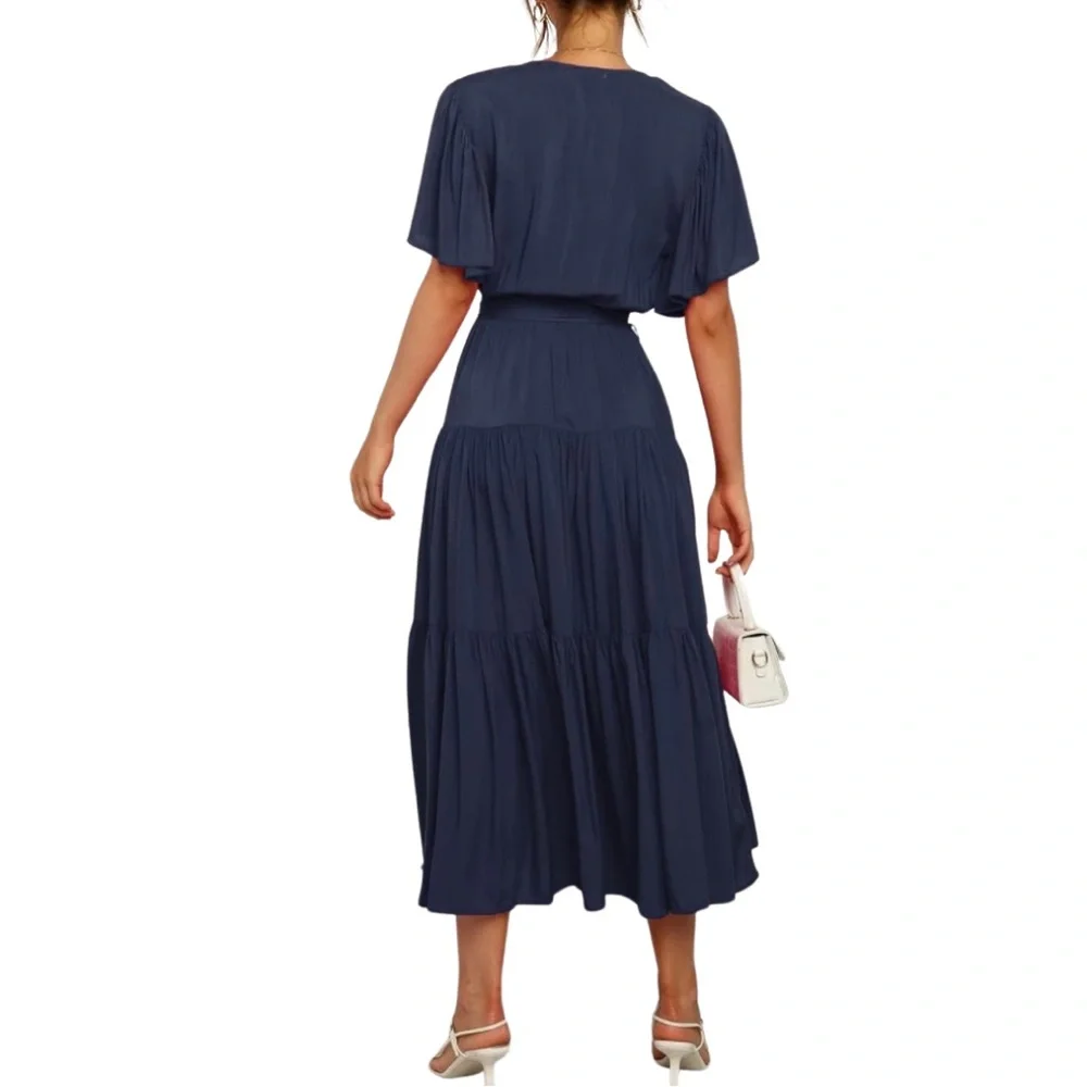 NWOT Navy Blue Flowy Midi Dress | Ruffle Sleeves + Elastic Waist (M) - Picture 3 of 13